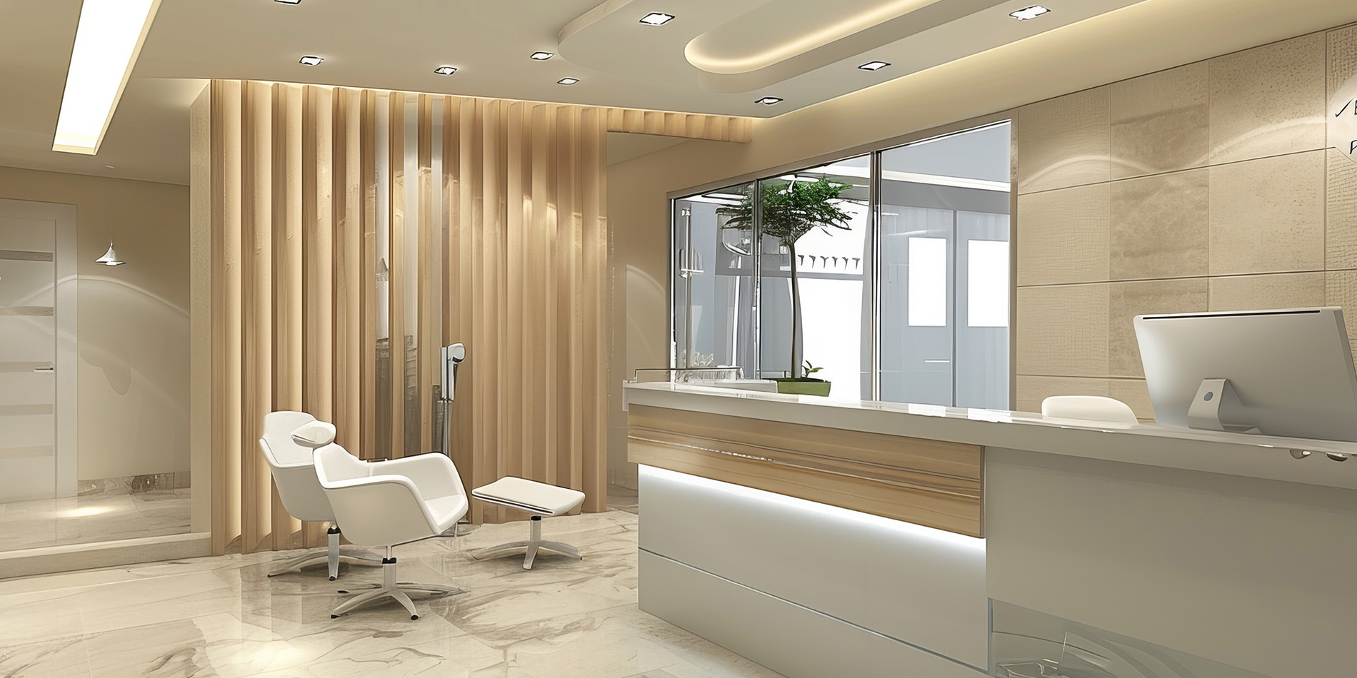 Modern office space with a reception area featuring a desk, chair, and a waiting room.