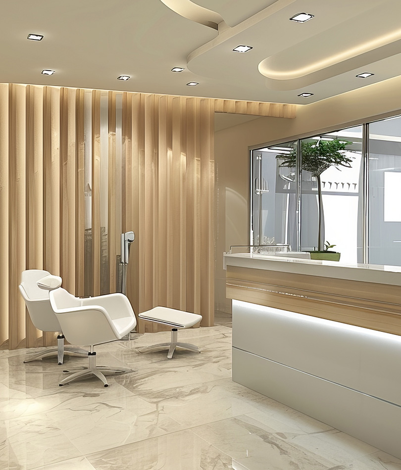 The image shows a modern dental or medical office interior with a dental chair, equipment, and a clean, professional environment.