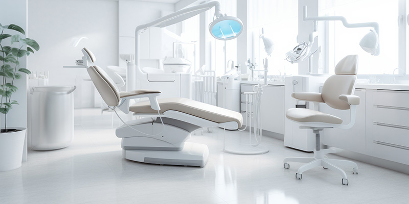 The image shows a modern dental office with white walls, a large window allowing natural light to enter, and various pieces of dental equipment such as chairs, a treatment table, and a dental chair. The room is well-lit and appears clean and sterile.