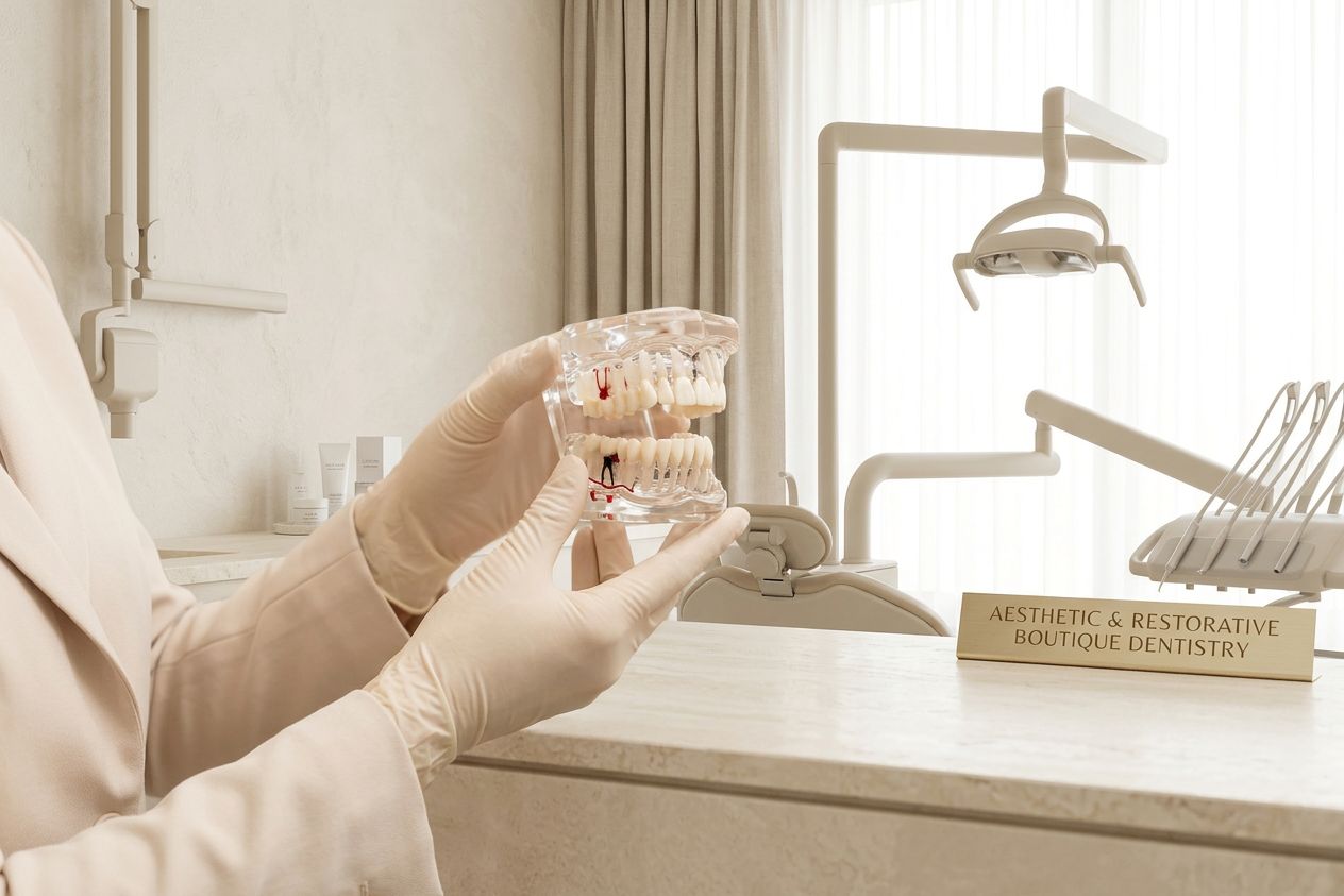 Dental professional holding transparent teeth model with implant markings in boutique dentistry clinic